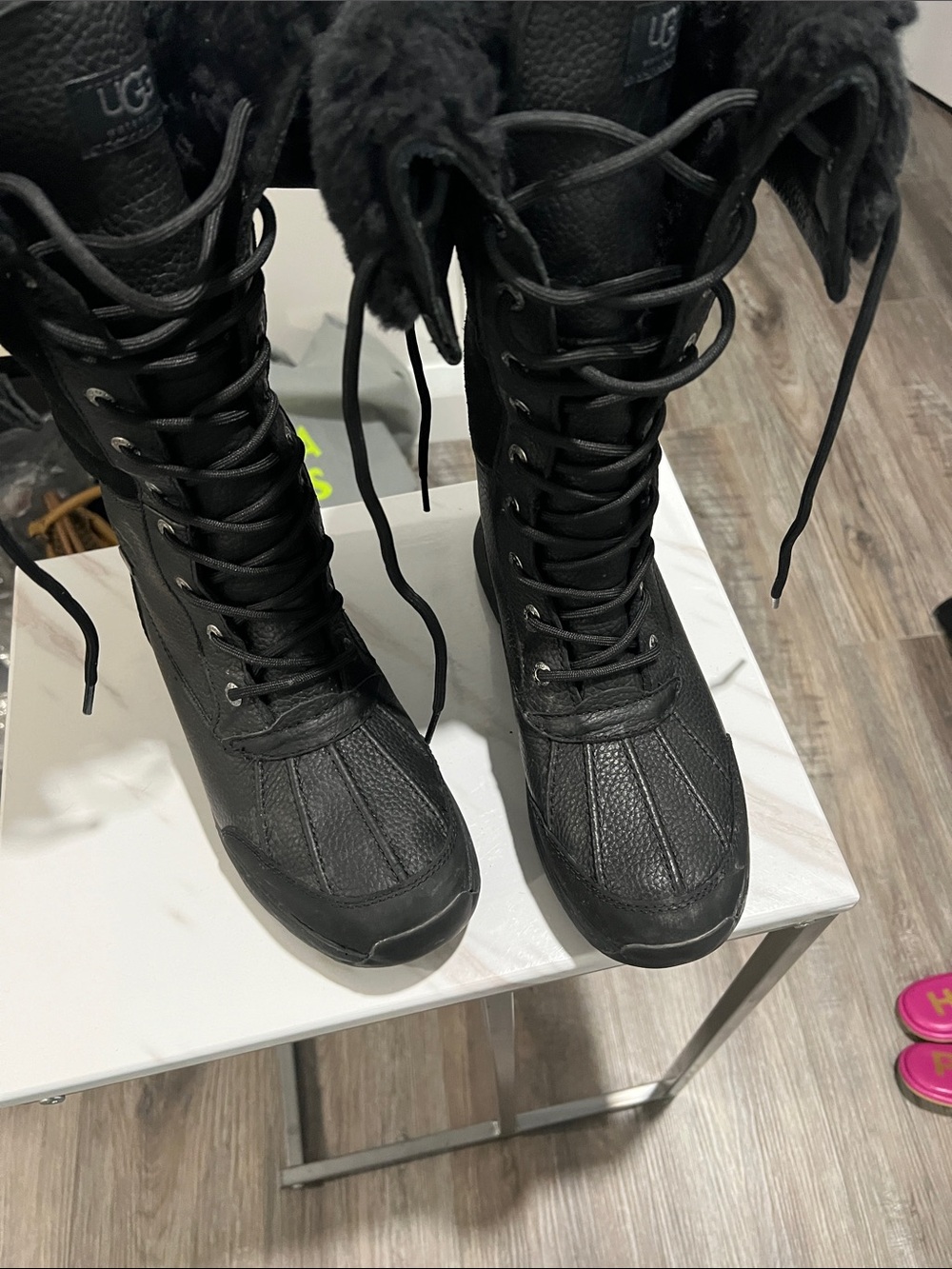 UGG Black Lace-Up Women's Tall Winter Boots with Fur Trim